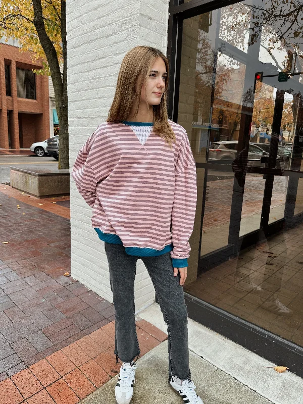 The Striped Crewneck Sweatshirt in MauveSleep Hoodies