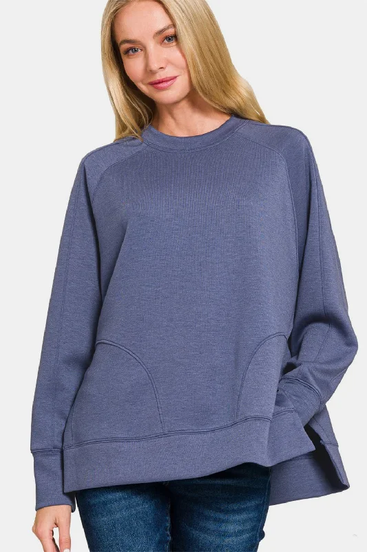 Hazel Blues® |  Zenana Scuba Round Neck Side Slit SweatshirtQuilted Sweatshirts