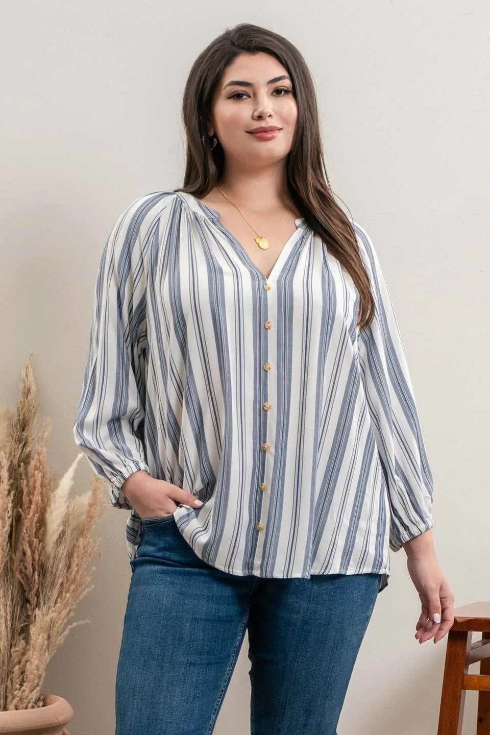 Women's summer topsBlu pepper Navy Striped Three Fourth Sleeve Top Plus