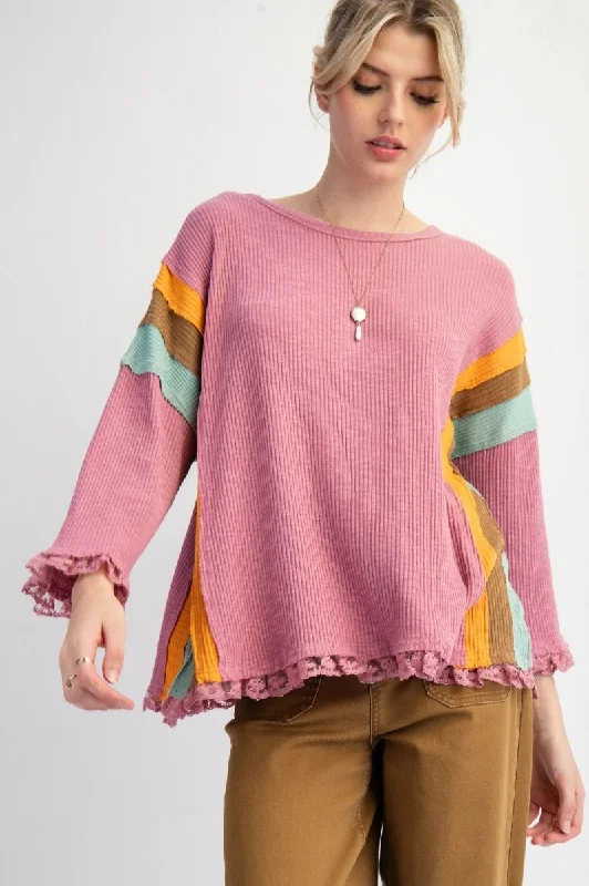 Women's thick topsEasel Color Block Rib Knit Top With Lace Bottom Hem In Lipstick Pink Plus