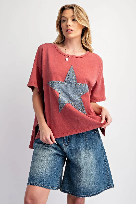 Women's home topsEasel Star Studded Patch Mineral Washed Top Plus