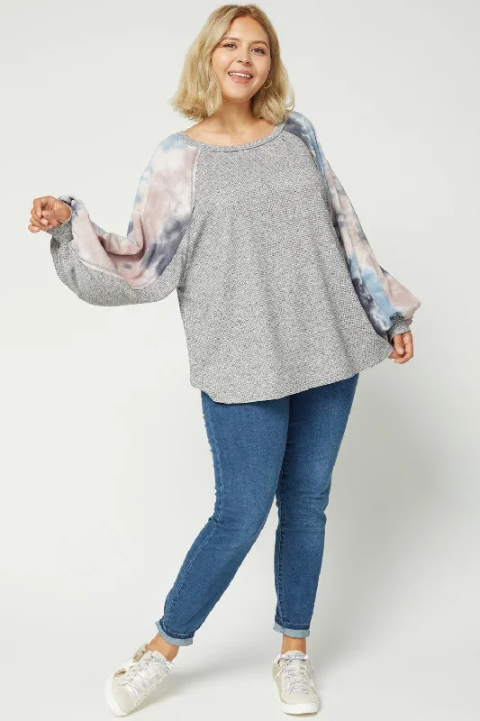 Knit ShirtEntro Charcoal Tie Dye Puffy Sleeve Top Plus