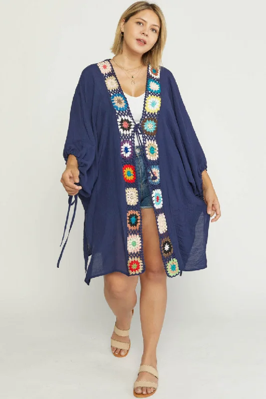 Large women's sweat-wicking topsEntro Crochet Trim Open Front Kimono With Self Tie Closure In Navy Plus