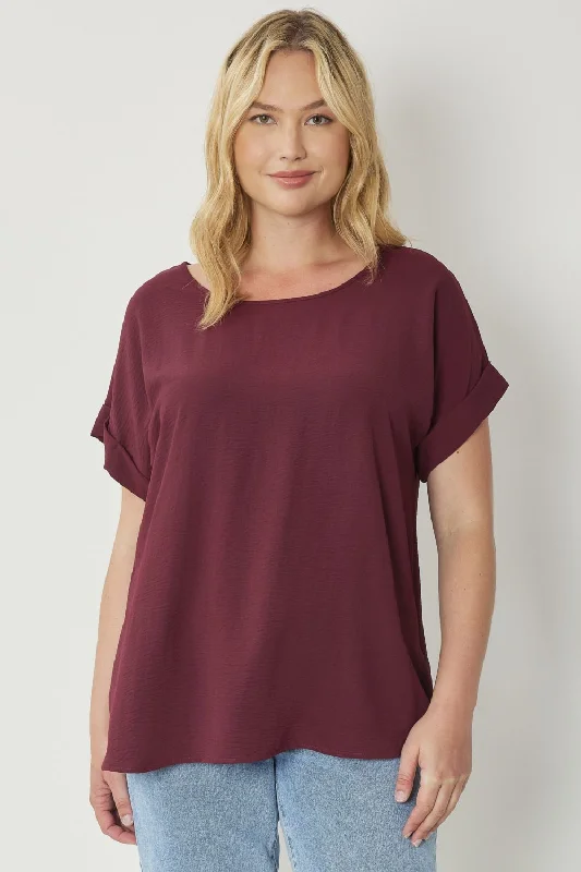 Plus size women's hollow topsEntro Scoop Neck Blouse With Permanent Rolled Sleeves In Burgundy Plus