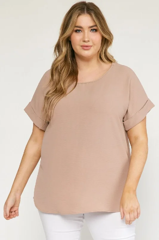 Plus size women's solid color topsEntro Scoop Neck Blouse With Permanent Rolled Sleeves In Latte Plus