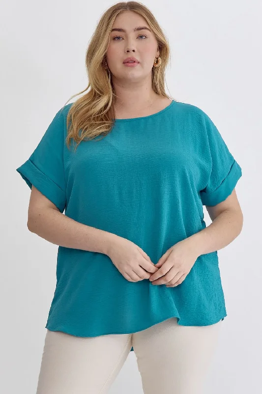 Plus size women's solid color topsEntro Scoop Neck Blouse With Permanent Rolled Sleeves In Ocean Blue Plus