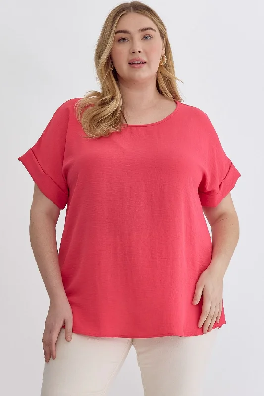 Plus size women's hollow topsEntro Scoop Neck Blouse With Permanent Rolled Sleeves In Punch Plus