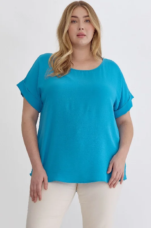 Plus size women's evening topsEntro Scoop Neck Blouse With Permanent Rolled Sleeves In Turquoise Plus