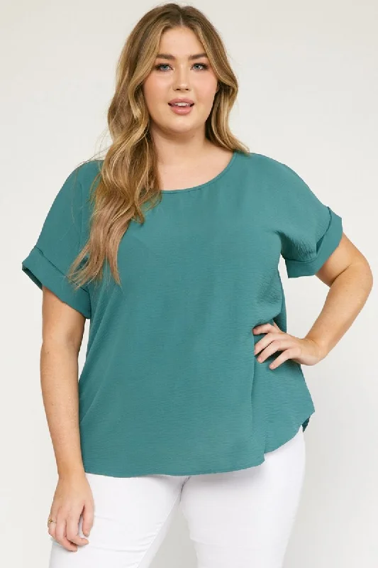 Plus size women's sports topsEntro Scoop-Neck Top Featuring Permanent Rolled Sleeve Detail In Forest Plus