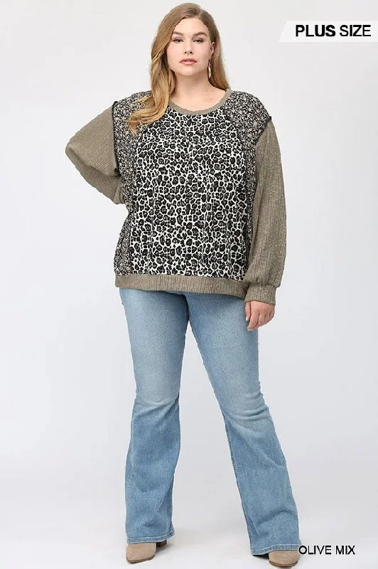 Plus size women's knitted topsGiGiO Leopard And Ditsy Mixed Print Dolman Top In Olive Plus