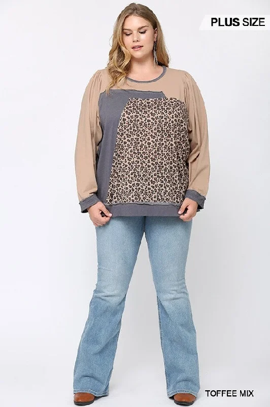 Plus size women's chiffon topsGiGiO Leopard Color Block Loose Fit Top In Toffee MIx Plus