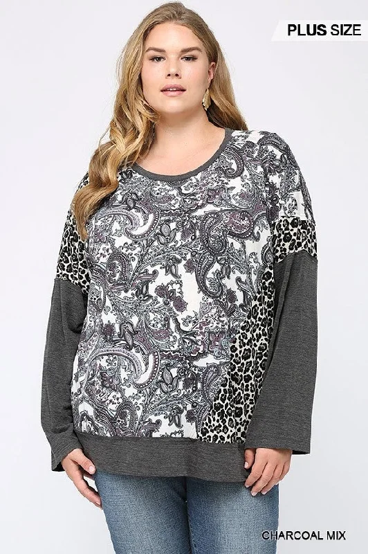 Plus size women's off-the-shoulder topsGiGiO Pasley Leopard Color Block Top In A Charcoal Mix Plus