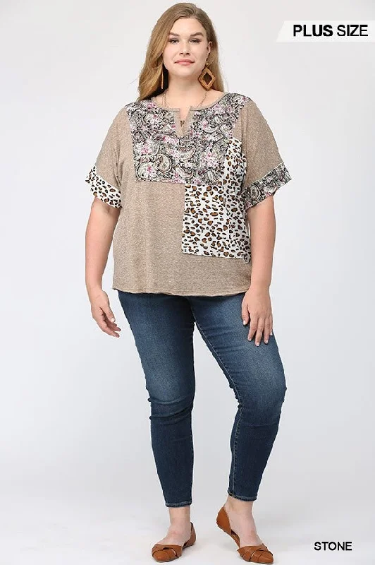 Large women's cropped topsGiGiO Stone Printed Mixed Patchwork Print Top Plus