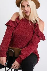 Women's affordable topsJanette Plus Burgundy Cold Shoulder/Ruffle Plus Top