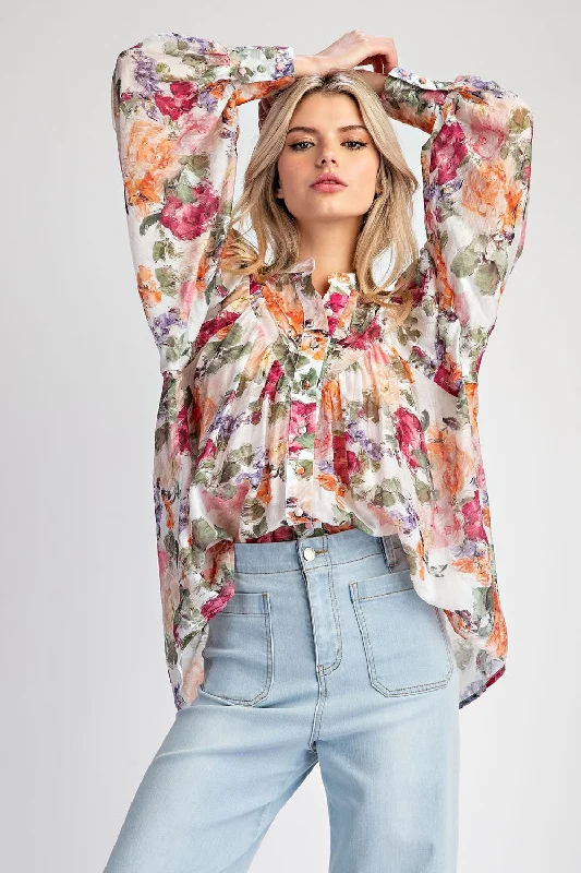 Plus size women's denim topsPlus Miles Away Vintage Floral Print Top