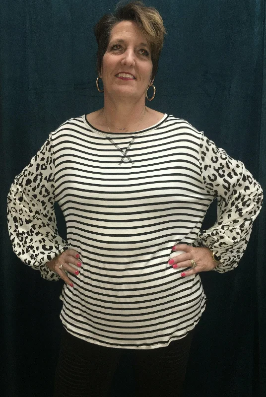 Plus Large women's linen topsOddi Animal Print Balloon Sleeve Plus Top With Stripe Bodice