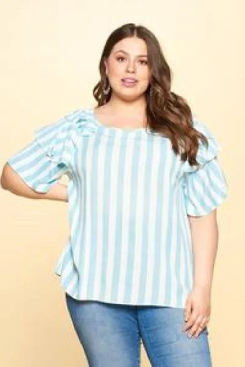 Fashionable plus size women's topsOddi Sky Blue And White Stripe Ruffle Sleeve Plus Top