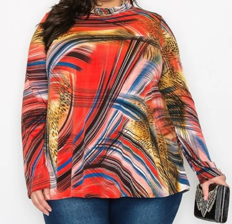 Large women's pullover topsPlus Multi Red Top with Relaxed Cow Neck