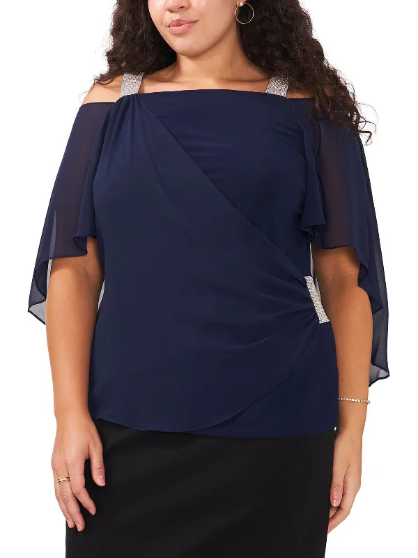 Plus size women's hollow topsPlus Womens Embellished Cold Shoulder Blouse