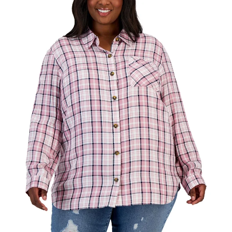 Large women's sun protection topsPlus Womens Plaid Collared Button-Down Top