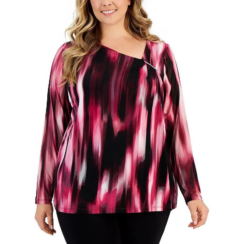 Women's dating topsPlus Womens Printed Asymmetrical Neck Blouse