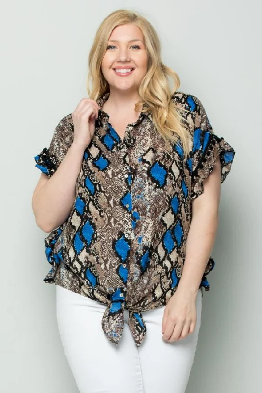 Plus size women's knitted topsSee And Be Seen Blue Snakeskin Button Down Tie Front Plus Blouse