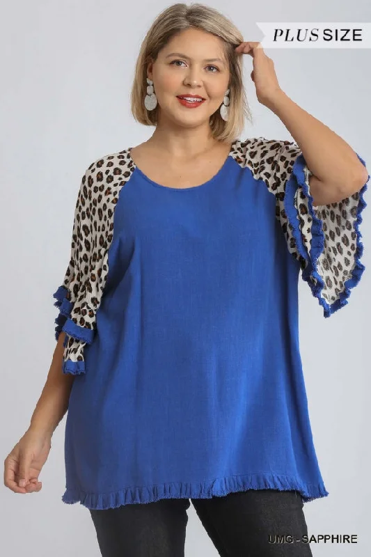 Women's fleece topsUmgee Linen Blend Animal Print Layered Bell Sleeve In Sapphire Plus