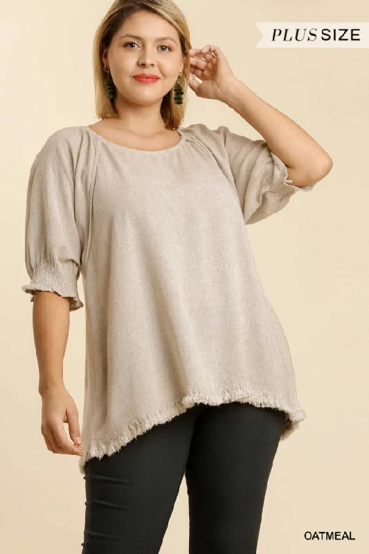 Large women's oversize topsUmgee Linen Blend Balloon Sleeve Top Oatmeal Plus