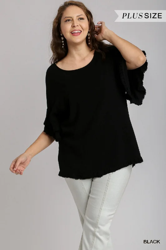 Women's outdoor topsUmgee Linen Blend Black Short Ruffle Sleeve Top With Frayed Hem Plus