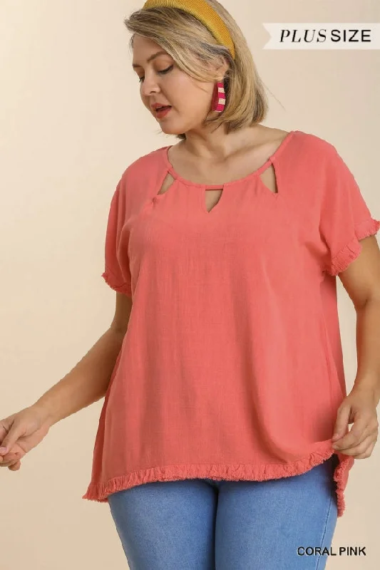 Large women's sweat-wicking topsUmgee Linen Blend Cut Out Round Neckline Top In Coral Pink Plus