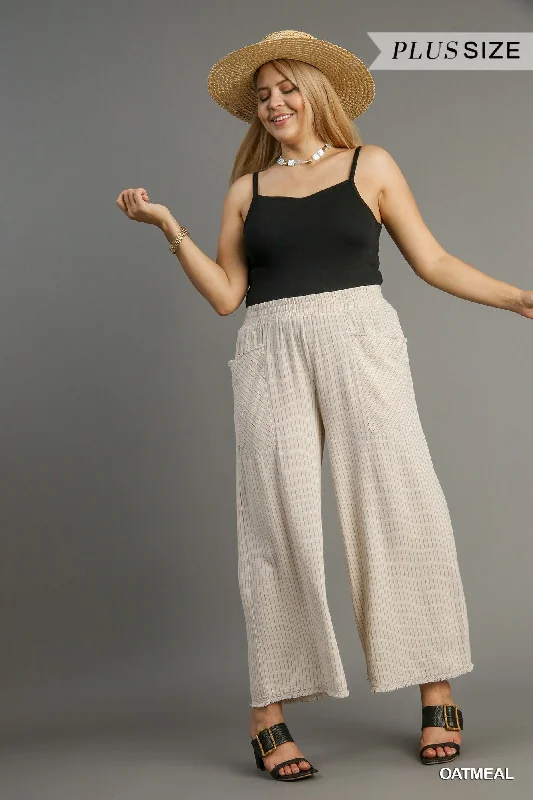 Women's luxury topsUmgee Linen Blend Oatmeal Stripe Wide Leg Pants With Frayed Details Plus