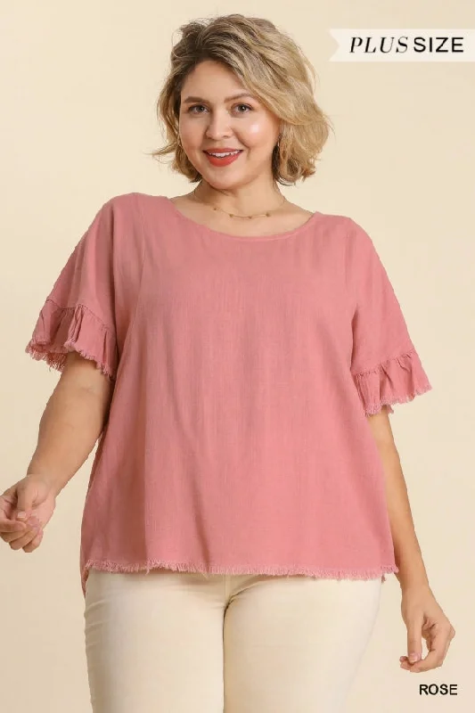 Women's thin topsUmgee Linen Blend Round Neck Ruffle Sleeves Top In Rose Plus