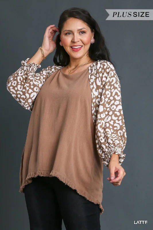 Plus size women's turtleneck topsUmgee Linen Blend Round Neck Top With Unfinished Frayed Hem & Animal Print Sleeves In Latte Plus