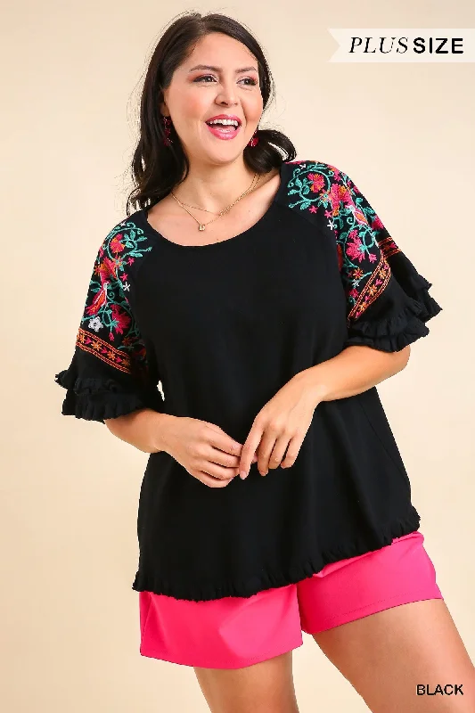 Women's affordable topsUmgee Linen Blend Top With Embroidery Bell Sleeve & Unfinished Frayed Hem In Black Plus