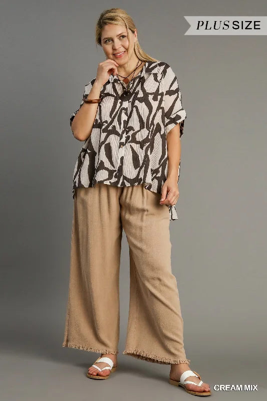 Knit TopUmgee Linen Blend Wide Leg Pants With Elastic Waistband And Frayed Hem Bottoms In Latte Plus