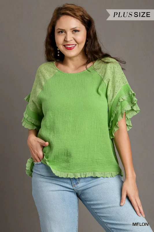 Knitted ShirtUmgee Melon Gauze Boxy Top With Eyelet Ruffle Detail Sleeves Plus