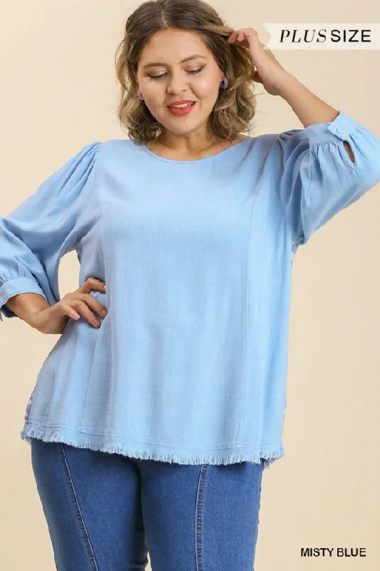 Large women's wrinkle-free topsUmgee Misty Blue Linen Blend Animal Print Cut Out Back Top With Frayed Ruffle Hem Plus