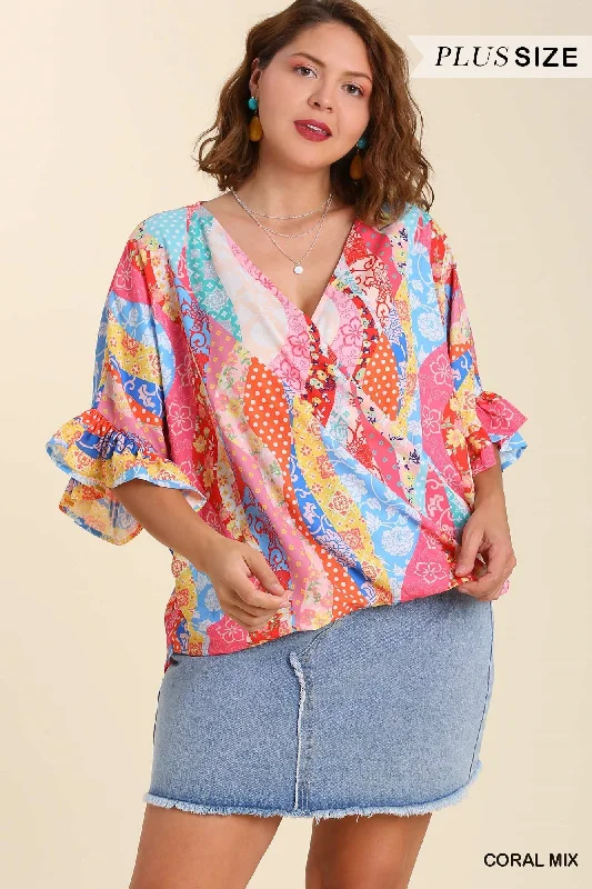 Women's short sleeve topsUmgee Mixed Print Top With High Low Hem And Ruffle Sleeves In Coral Mix Plus