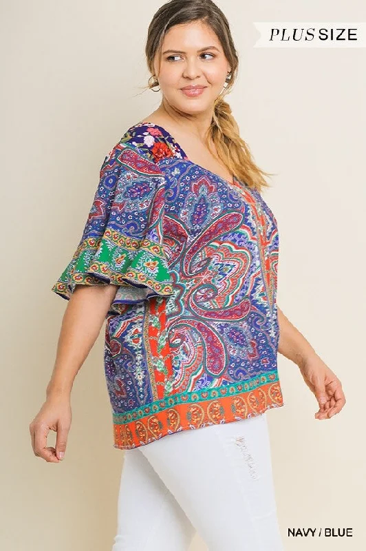 Large women's polyester topsUmgee Paisley Scarf Print Bell Sleeve Plus Blouse