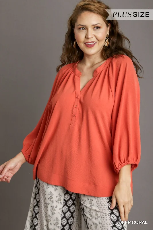 Plus size women's sports topsUmgee Notched Neckline Raglan Sleeve High Low Hem Blouse In Deep Coral Plus