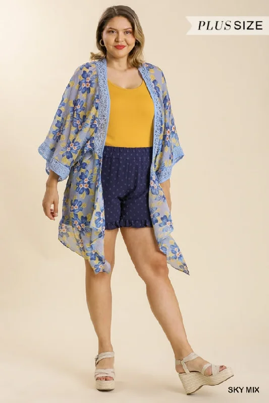 Plus size women's denim topsUmgee Sheer Floral Print Open Front Kimono With Crochet Detail In Sky Mix Plus