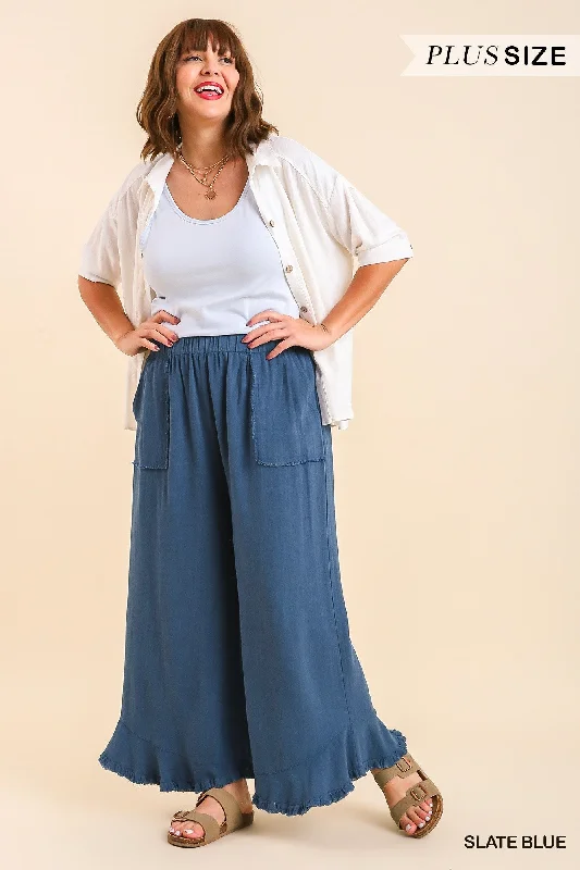 Large women's cropped topsUmgee Slate Blue Linen Blend Wide Leg Frayed Hem Pants Plus