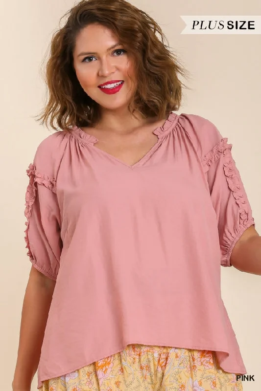 Large women's oversize topsUmgee Split Neck Puff Sleeve Blouse with Double Edge Ruffle Trim In Pink Plus