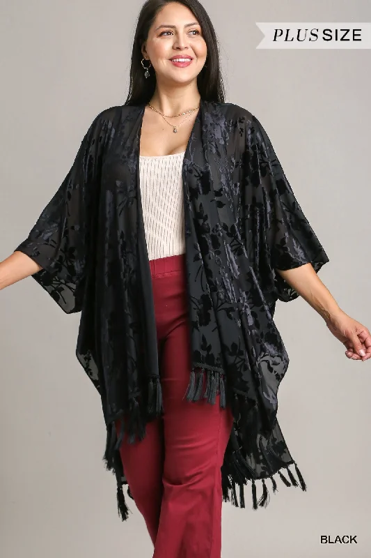 Plus size women's cotton topsUmgee Two-Tone Floral Burnout Velvet Tassel Fringe Kimono Plus