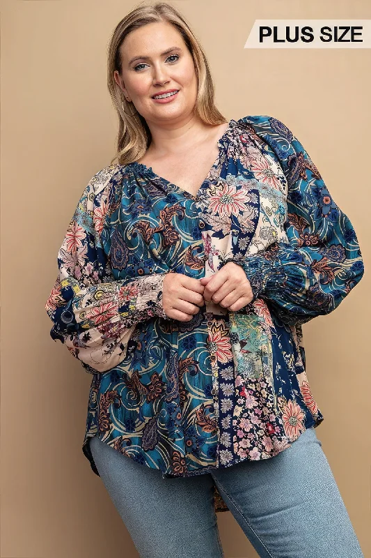 Mixed Print Front Button Long Sleeve Top