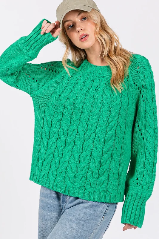 Green Cable-Knit Long Sleeve Sweater