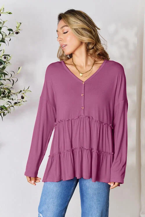 Half Button Tiered Long Sleeve Ruffle Hem Blouse