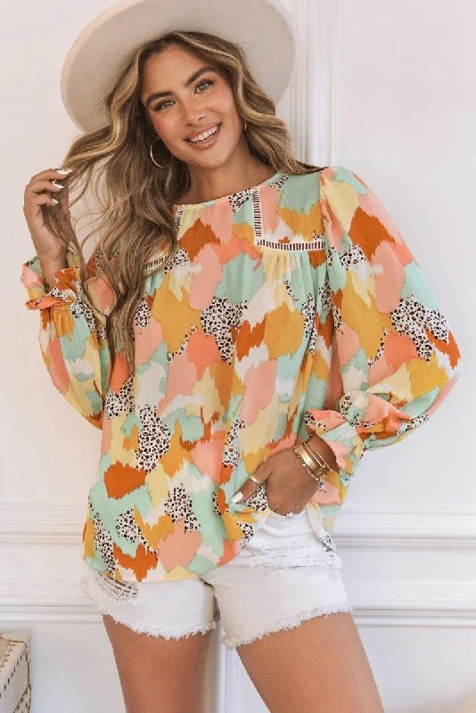 Pink Multicolor Abstract Long Sleeve Blouse