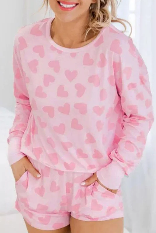 Lots Of Love Pink Valentine Hearts Long Sleeve Shorts Lounge Set