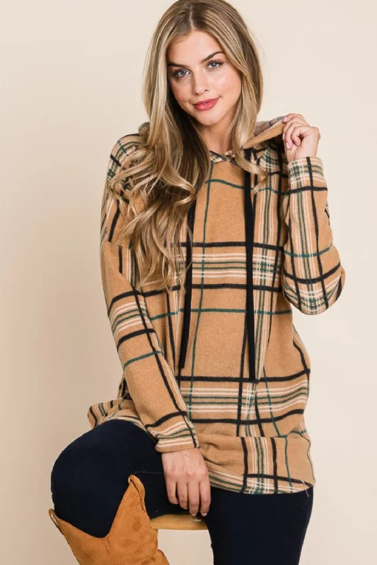 Plaid Long Sleeve Hoodie in Taupe